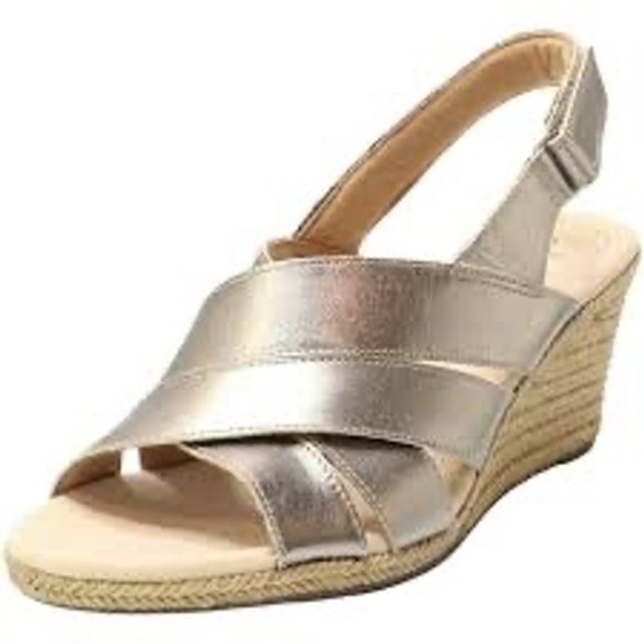 Clarks Collection Lafley Krissy Pewter Wedge Sandals Espadrille Slingback Sz 7 - Picture 1 of 8